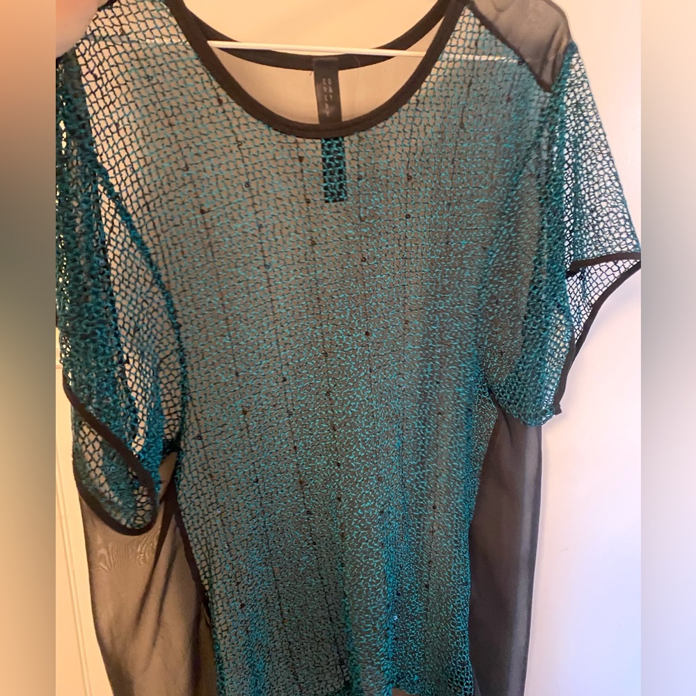 Hi-Low Teal Blue Blouse with Crochet Front & Silky Back